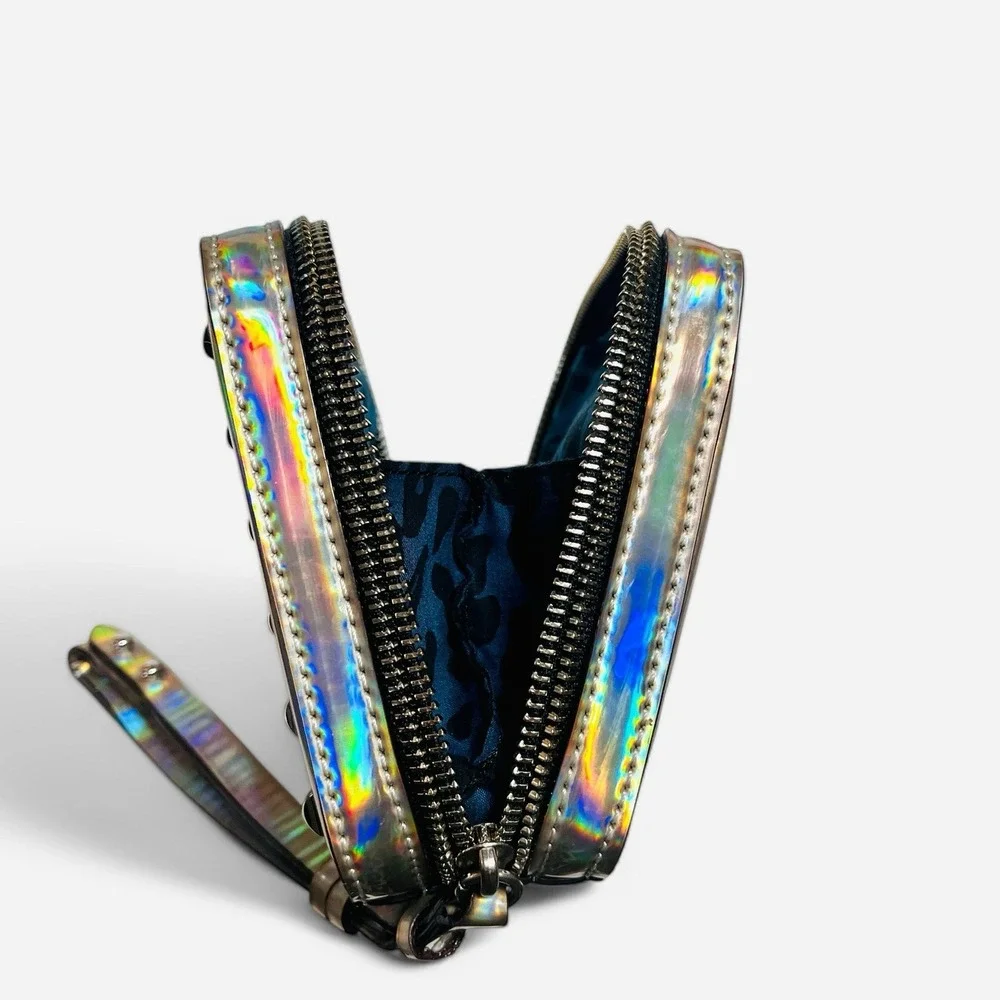 Rebecca Minkoff Iridescent Metallic Foil Square Wristlet Bag Clutch Silver Studs